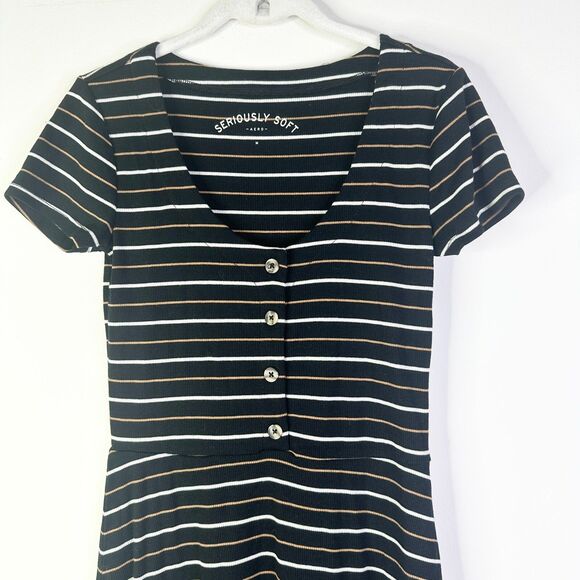 Aero Seriosly Soft Dress Women M Black Striped Skater Knit Bodycon Comfy NWOT - Picture 2 of 7